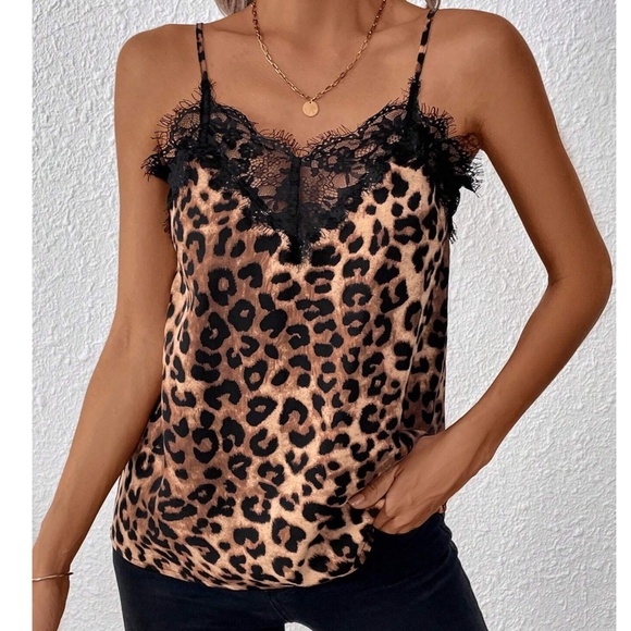 Leopard Print Eyelash lace Adjustable straps Satin Cami Top - Picture 2 of 4